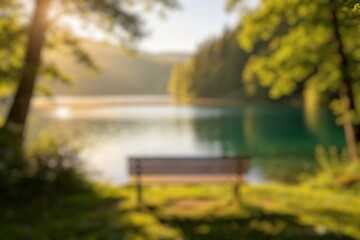 Fototapeta premium Soft blur tranquil outdoor scene with wooden bench and forest backdrop.