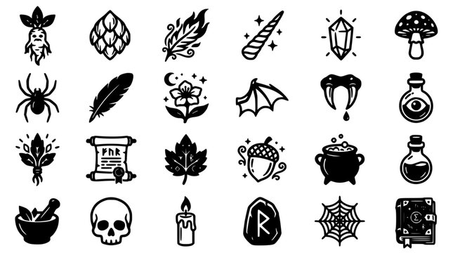 Fantasy Potion Ingredients Icons with Mystical and Nature Elements Featuring Magic, Spell, Witchcraft with Alchemy and Herbs