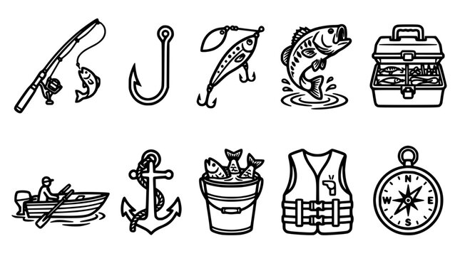 Fishing Icons Set with Rod, Hook, Lure, Fish, Anchor, Boat, Bucket, Life Jacket and Compass in Doodle Style