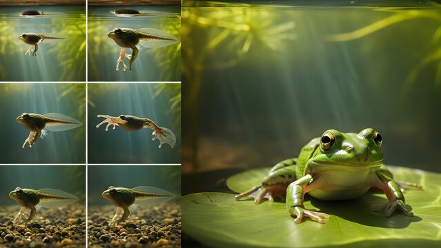 Frog life cycle shows the transformation from tadpole to adult amphibian resting on a lily pad.