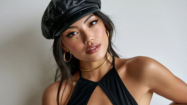 a young woman with long dark hair, wearing a black leather baker boy hat, a black sleeveless top, a gold choker, and gold hoop earrings
