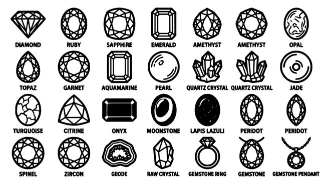 Gemstones Illustrated in Black and White Vector Icons Featuring Diamond, Ruby, Sapphire with Emerald and Amethyst Elements