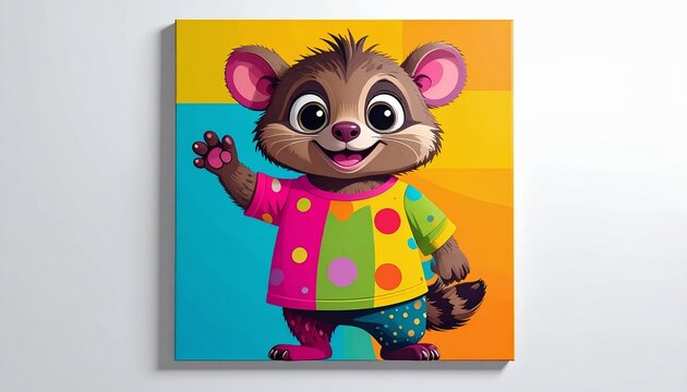 Funny animal character in quirky outfit, smiling and posing, simple shapes, vibrant palette