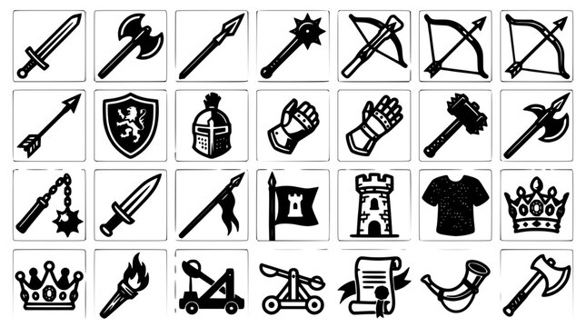 Sword Medieval Weapon Icon Set with Crossed Sabers, Shields, Mace, Axe, Bow, and Knight Imagery in Monochrome Style