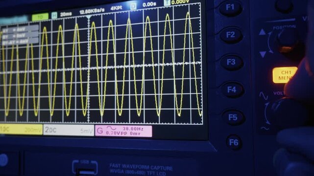 An engineer's hand adjusts the knobs on a digital oscilloscope, changing the electronic waveform display. Concept of scientific research, data analysis, and technological innovation.