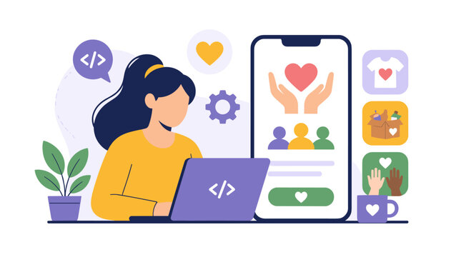 Female coder working on laptop with coding icons.