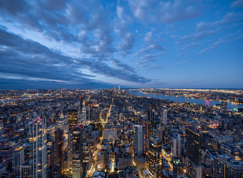 Manhattan skyline at dusk, New York City, USA