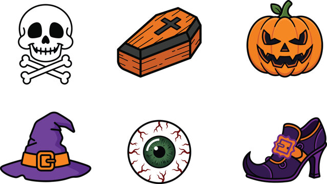Halloween symbols and icons skulls coffins pumpkins witches hats eyes and shoes for spooky decorations and costumes