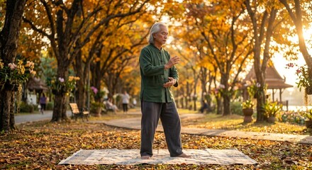 Fototapeta premium Senior Man Practicing Qigong Breathing Exercises in Autumn Park