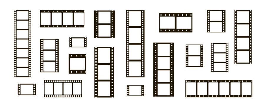 film movie reel transparent strip frame set for blank template. roll old photograph filmstrip with black border and camera frame for cinema. vintage graphic layout
