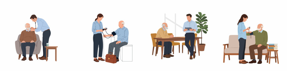 Obraz premium Illustrations of healthcare professionals providing home care services, including medical checkups and blood pressure monitoring for an elderly man in a home environment.