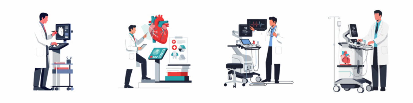 Set of flat illustrations featuring cardiologists performing heart diagnostics with advanced medical equipment and ultrasound machines on a white background.