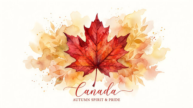 Watercolor maple leaf with canada text for autumn season
