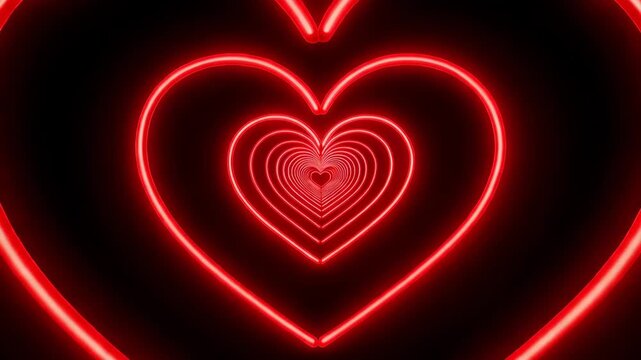 Bright neon red lines forming endless glowing heart shaped tunnel stretching infinitely into dark deep space, retro futuristic cyberpunk synthwave atmosphere