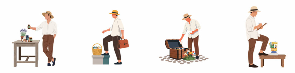 Fototapeta premium Set of flat vector illustrations of a man in a straw hat engaged in activities related to herbalism, apothecary, and natural medicine research.