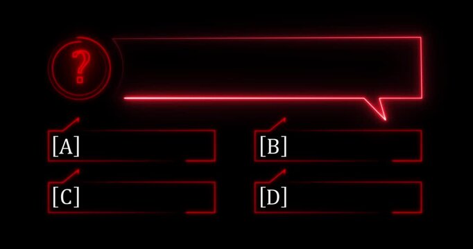 Interactive of a neon quiz line with a choice of answer options on a black background animation. Quiz template challenge with option selection A,B,C and D