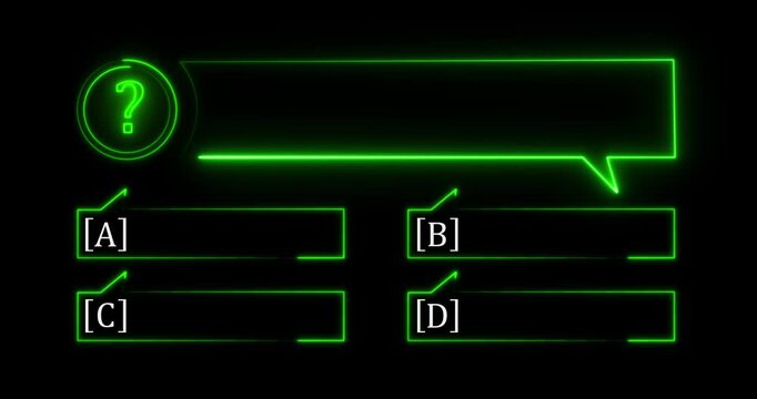 Interactive of a neon quiz line with a choice of answer options on a black background animation. Quiz template challenge with option selection A,B,C and D