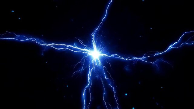 Bright electric blue lightning flash bursting and spreading powerful energy beams across dark deep night sky, natural disaster and extreme weather force concept