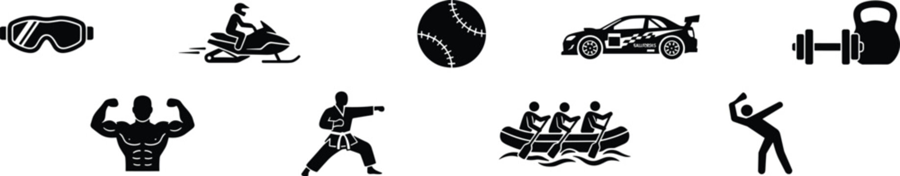 Sports and Extreme Fitness Activities Solid Glyph Icon Set with Racing Cars Snowmobiles Bodybuilding Martial Arts and Gym Equipment Symbols