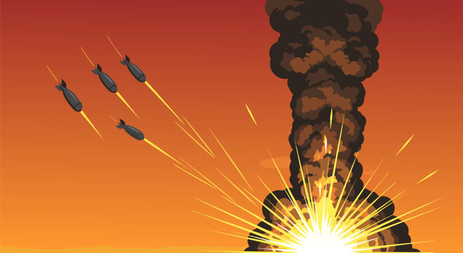 Violent Military Airstrike Attack Vector Illustration Design Featuring Falling Projectiles And Explosive Detonation Over A Desert Landscape