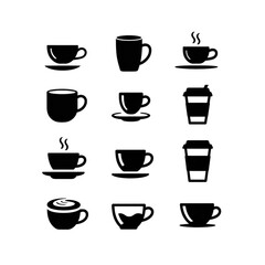 Obraz premium Coffee cup icons set featuring mugs, takeaway cups, and hot drink symbols for cafe menu branding design