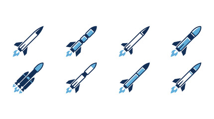 Set of blue rocket ship icons flying on white background © kono