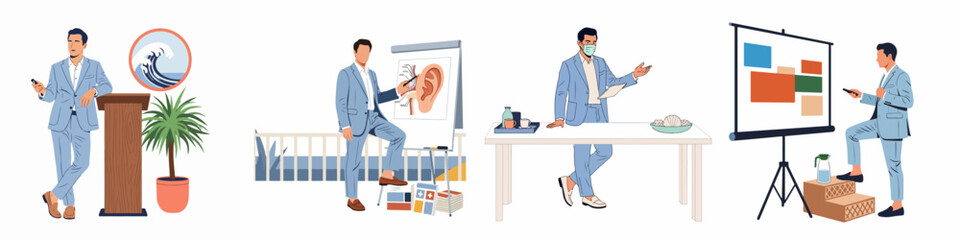 Fototapeta premium Illustration set of a professional man in a blue suit conducting various presentations, medical lectures, and corporate business meetings.