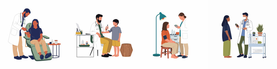 Fototapeta premium Flat vector illustration set of doctors checking blood glucose levels of various patients in different clinical settings for diabetes management.