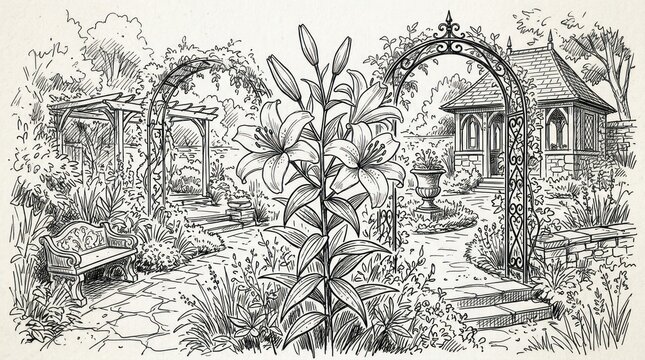 Detailed pen and ink drawing of a lush garden with arched trellis and cottage