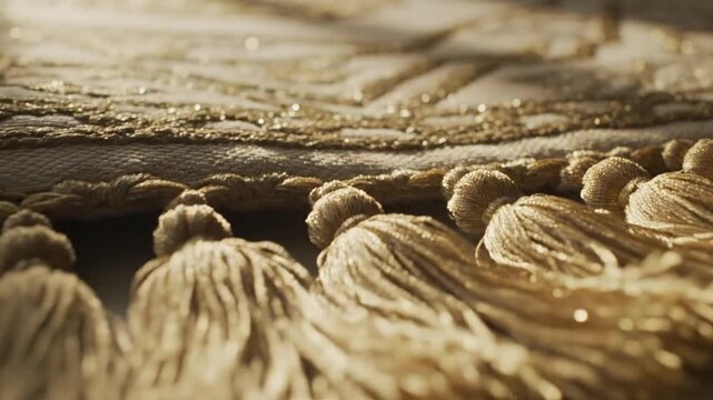 Close up of gold embroidery on luxury textile fabric