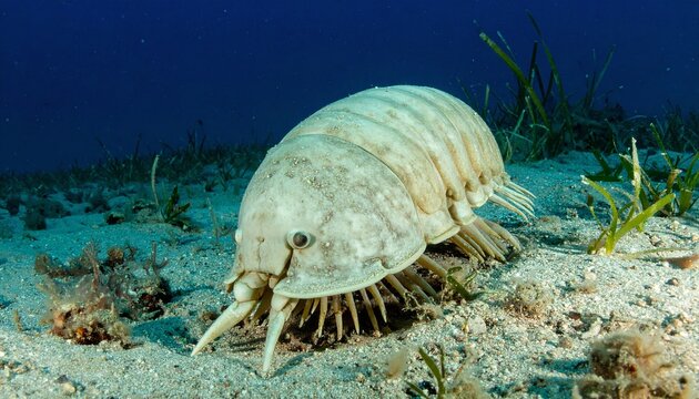 Pale giant isopod crawls across the sandy ocean floor in deep, dark blue waters