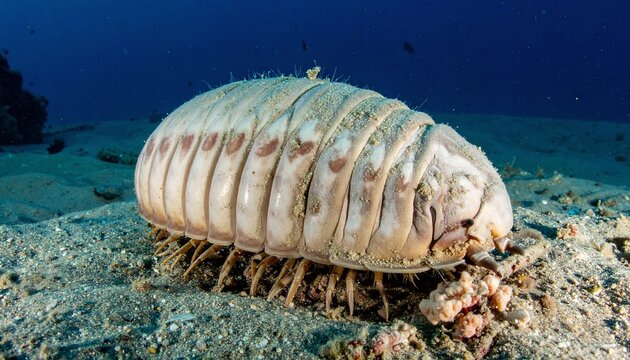 Pale giant isopod crawls across the sandy ocean floor in deep, dark blue waters
