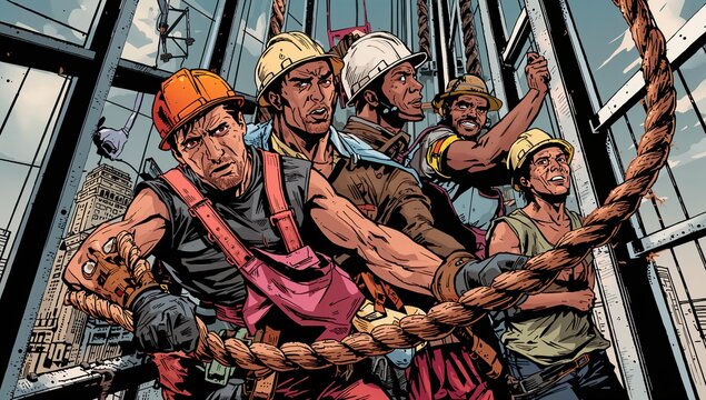 Diverse Group of Construction Workers Leading a High-Rise Building Project