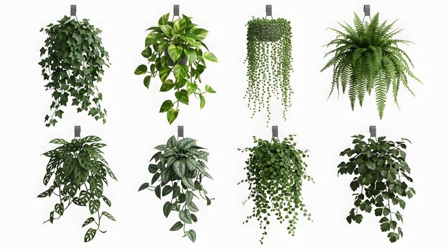 Collection of hanging plants isolated on white background