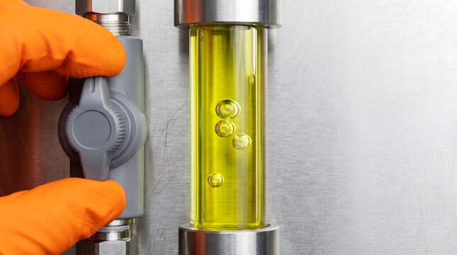 Industrial Specialist Inspecting Liquid Amine Flow through Clear Sight Glass