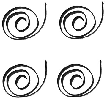 Set of Four Black Hand-Drawn Spiral Swirl Doodle Elements on White Background