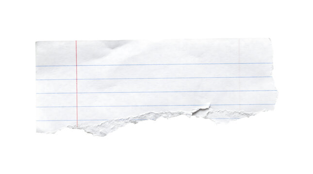 Torn piece of lined paper with blue lines and red margin isolated on transparent background