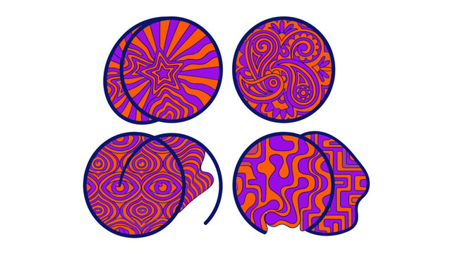Four circular icons with vibrant orange and purple patterns