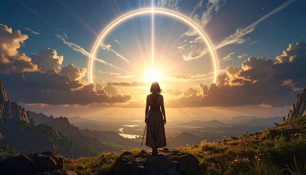 Explorer stands on mountain peak, gazing at radiant sky halo at sunrise, cinematic landscape scene unfolds