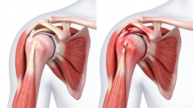 Anatomical comparison infographic showing healthy human shoulder joint versus injured torn rotator cuff muscle