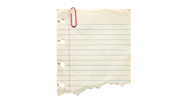 Torn lined paper note with red paperclip isolated on transparent background