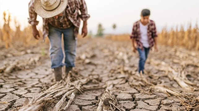 Farmers surveying dry cracked soil in drought stricken field, examining crop failure and impact of global warming