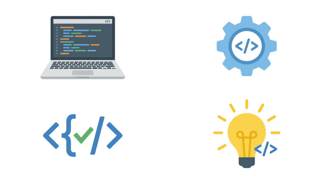 Software development and coding flat icon set on white