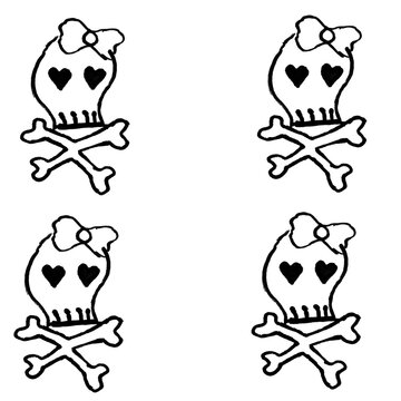 Cute Girly Skull and Crossbones Doodle Pattern &ndash; Kawaii Heart Eyes Bow Vector