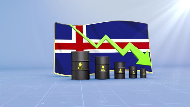 Iceland Oil Price Falling with Oil Barrels Downward Green Arrow and 3D Financial Data Visualization Graphs for Economy and Business Concept