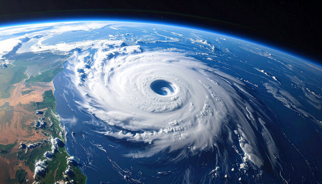 Epic Earth view with massive hurricane system forms in atmospheric realism