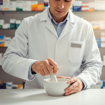 Professional pharmacist preparing medication with mortar and pestle in a modern drugstore pharmacy laboratory environment for healthcare compounding