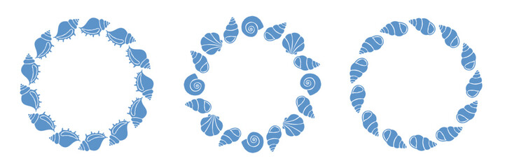 Set of round frames with cut out blue seashells. Design elements for print, sticker, greeting card and invitation. Isolated vector illustration © Yaryna