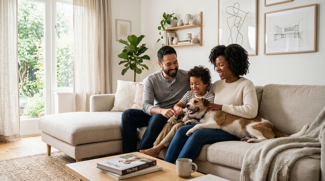 Happy diverse family with young son laughing and petting their dog on the couch at home
