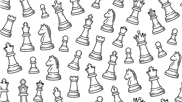 Scattered chess pieces in black and white line art style.